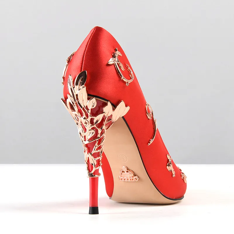 2021ファッション結婚式の靴ピンクブルーブライダル尖ったエデンポンプ女性ハイヒール9 cmイブニングカクテルウエディングパーティーのための葉の靴