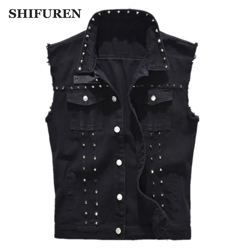 Chaleco de hombre recomendado Venta caliente Denim Fashion Punk Rock estilo Studded Black Jeans chaleco chaleco chaqueta de motocicleta Sin mangas Tank hombres abrigo sin mangas