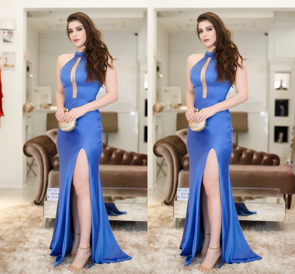 Royal Blue Sexy Mermaid Prom Abendkleider High Jewel Neck Einfache High Side Split Formelle Celebrity Kleider Abendkleider yousef aljasm