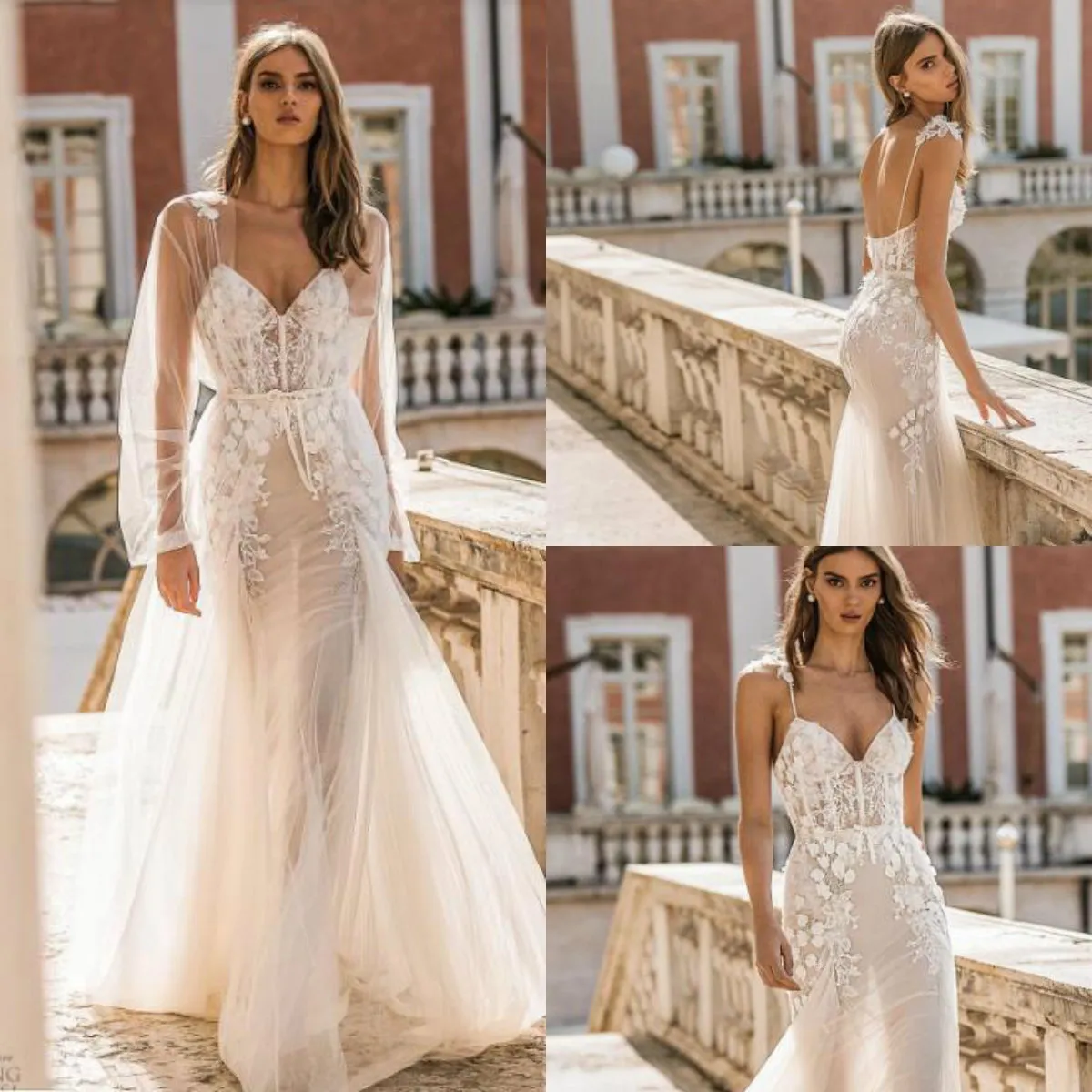 Berta Privée 2019 Wedding Dresses Spaghetti Lace Bridal Gowns With Appliques Sweep Train Backless Beach Wedding Dress With Sheer Cape Custom