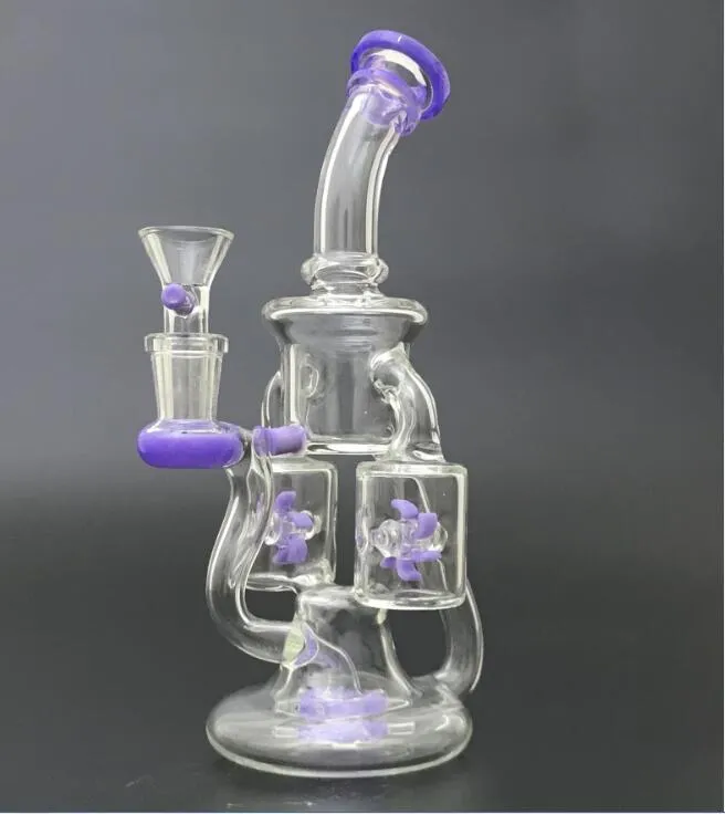 Unico Bong in vetro Doppio riciclatore Dab Rigs Elica Perc Percolatore Tubi acqua in vetro inebrianti Verde viola Rig petrolifero Elica Pipa ad acqua XL167