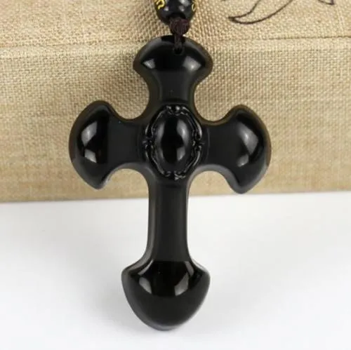 Natural Black Obsidian Cross Jewelry With Beads Chain Necklaces Pendant Collection Summer Ornaments Natural Stone Hand Engraving