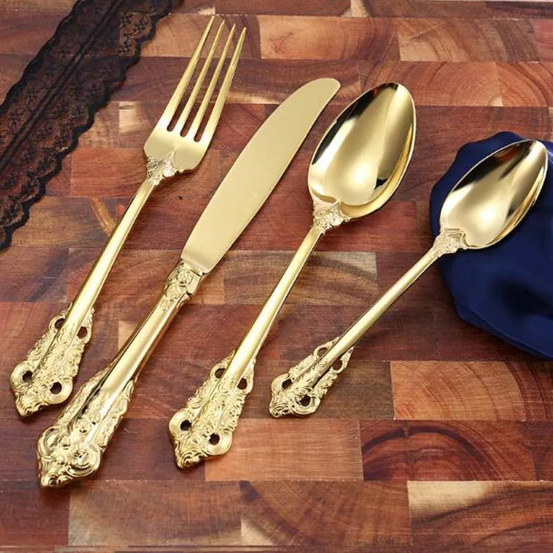 Ensemble de vaisselle dorée de luxe de haute qualité ensemble de couverts en acier inoxydable plaqué or mariage couteau à manger fourchette cuillère à soupe