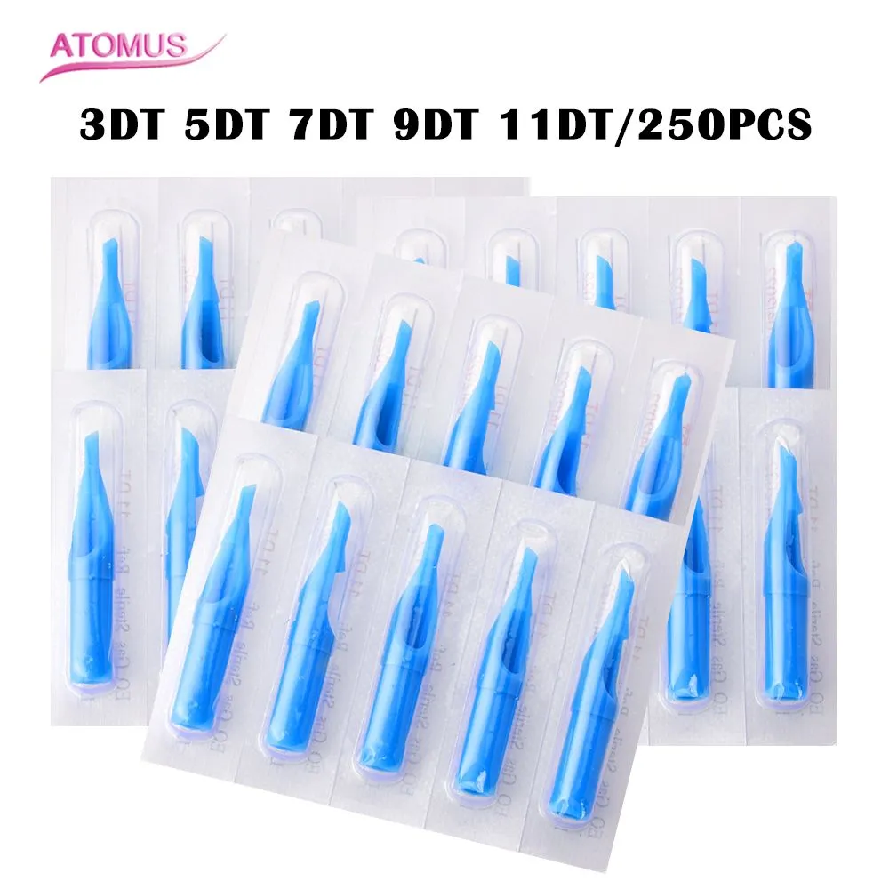 250 pz 3DT 5DT 7DT 9DT 11DT Punte del tatuaggio usa e getta Blu Punta dell'ugello sterile in plastica per punte degli aghi per trucco permanente per tatuaggio