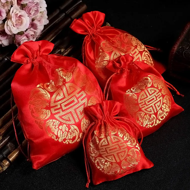 Traditional Chinese Satin Drawstring Bags Favor Holders XI Pouches For Wedding Party Candy Bags Gift Package Bag Red or Gold