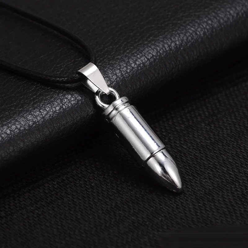 Men Titanium Steel Necklaces Bullet Pendant Leather Chain Necklace Women Jewelry