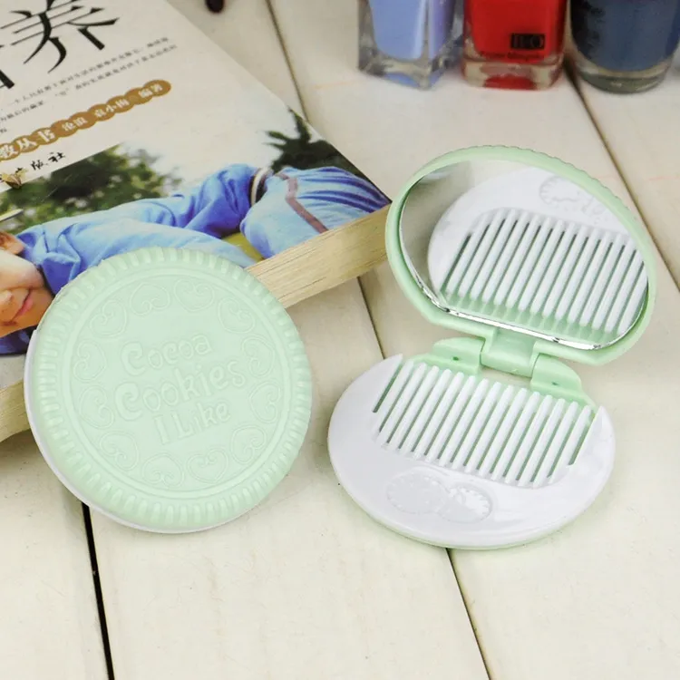 Cute Chocolate Cookie Shaped Design Makeup Mirror with Comb Lady Women Makeup Tool Pocket Mirror Home Office Use