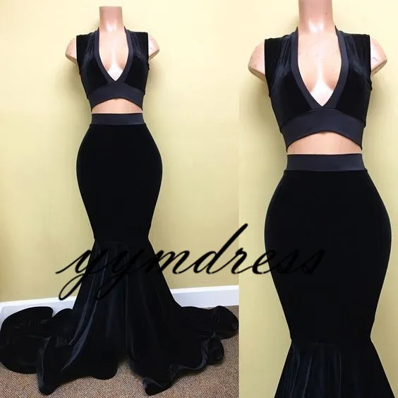 Gorgeous African Evening Gowns Prom Dress Two Pieces Deep V Neck Velvet ...