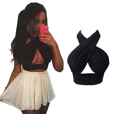 Ladies Nightclub Bralet Costume con scollo a V Cut Out Vest Tee New Womens Cross Over Crop Top