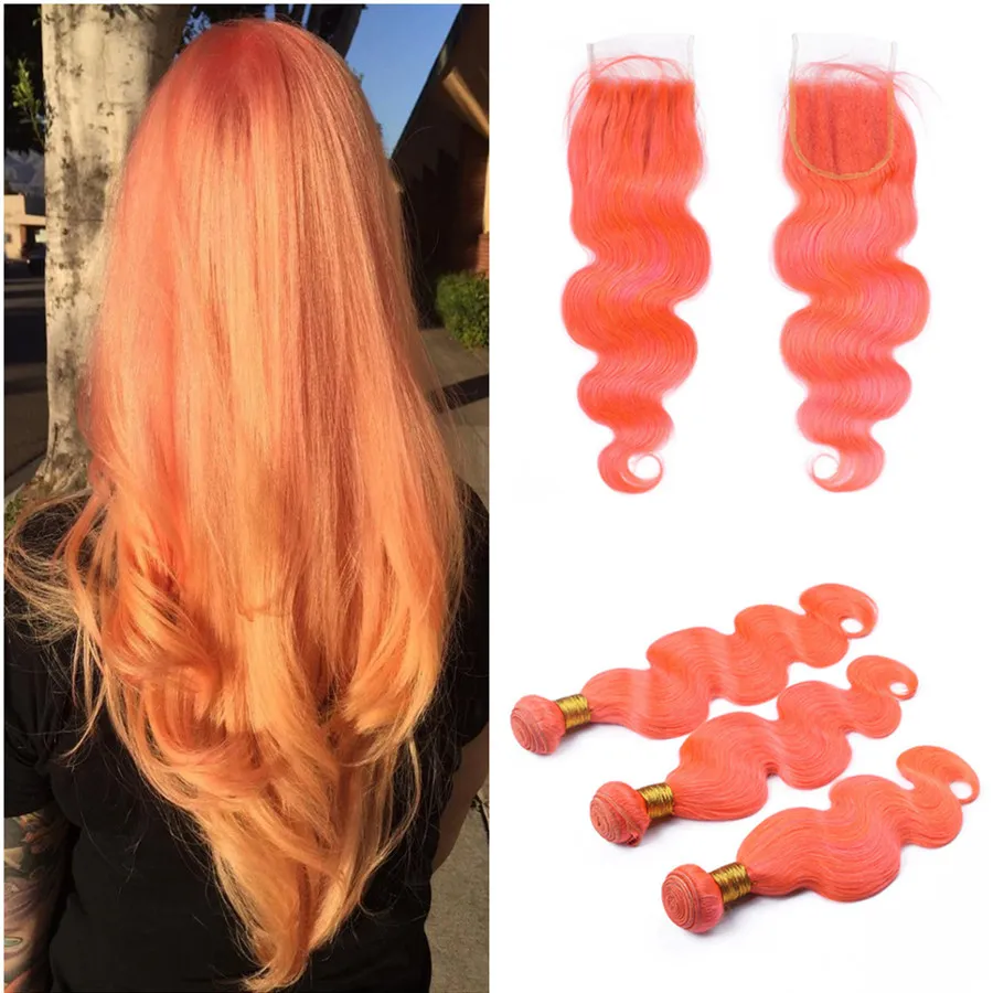 Onda do corpo da Extensão Do Cabelo Com Fechamento Do Laço Do Cabelo Laranja Tece 3 Pacotes Com 4x4 Lace Top Fechamento Luz Laranja Cor Pura Com Fecho