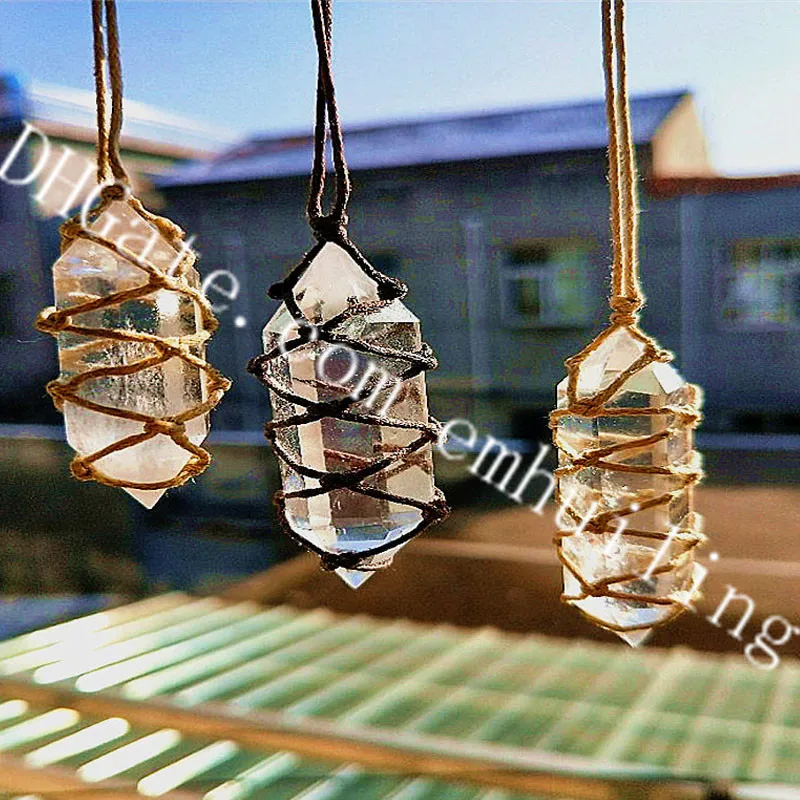 10Pcs Clear Quartz Crystal Necklace Hand Woven Rope Wrapped Natural Double Terminated Faceted Gemmy Quartz Pillar Point Pendant Luck Jewelry