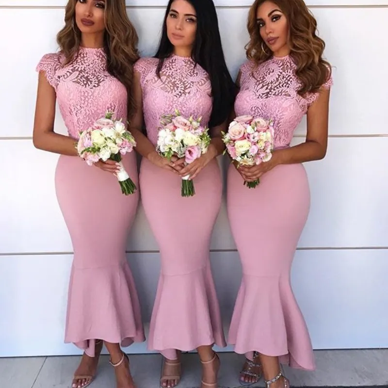 Moda Alta Neck Bridesmaids Vestidos Ver Através de Renda Sem Mangas No Tornozelo Comprimento Sereia Convidado Do Casamento Vestido de Festa Sexy Vestido de Baile Prom Barato