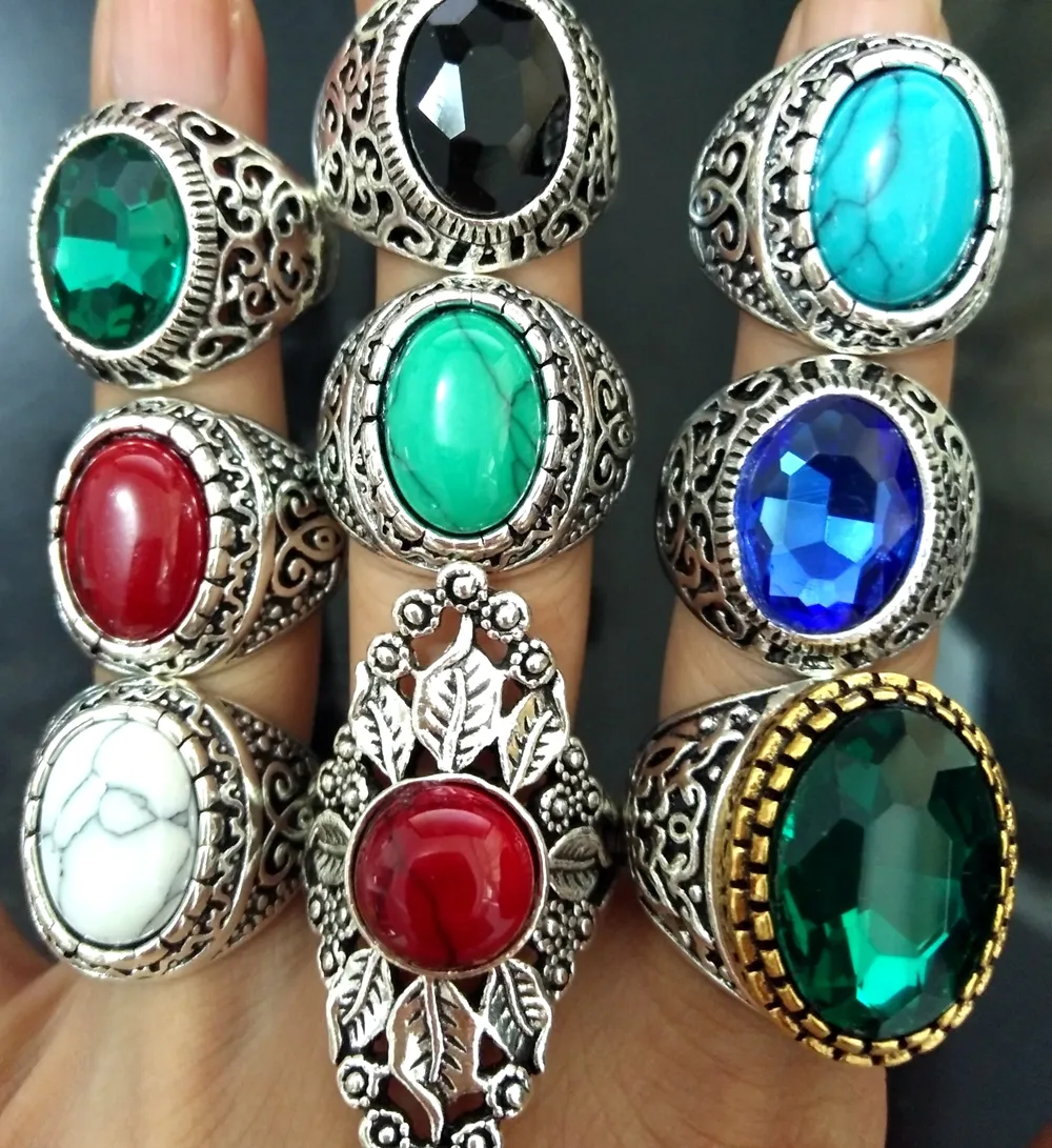 Whole Top Mixed Noble Big Stone Rings Turquoises Clear Crystal Women039s Men039s Exquisite Elegant Finger Ring B2200595