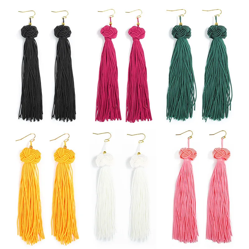 Pretty Bohemian Crystal Tassel Stud Örhängen för Kvinnor Smycken Svart Vit Blå Röd Rosa Silk Fabric Long Drop Dangle Tassel Örhängen