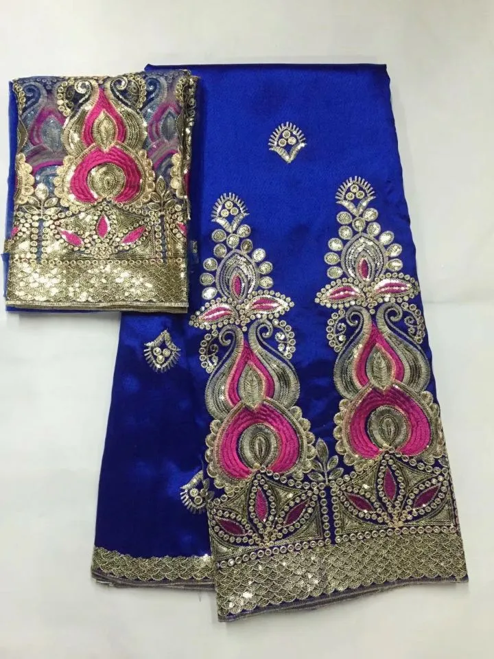 Tessuto george africano blu royal moda da 5 metri con paillettes dorate e set di pizzo netto da 2 metri per vestire jg184