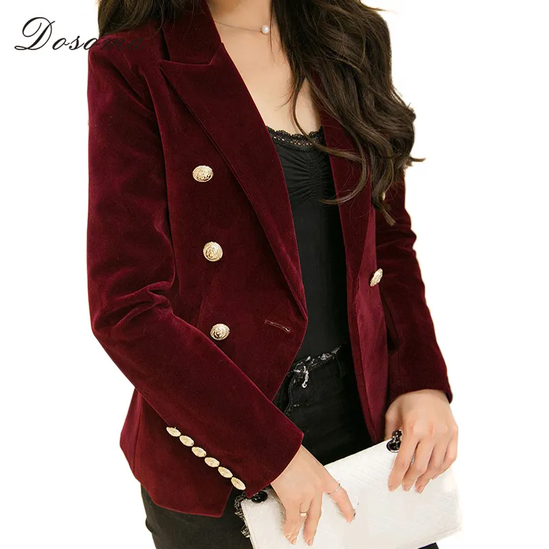 DOSOMA 2018 Double Breasted Velvet Jacket For Women Black Red