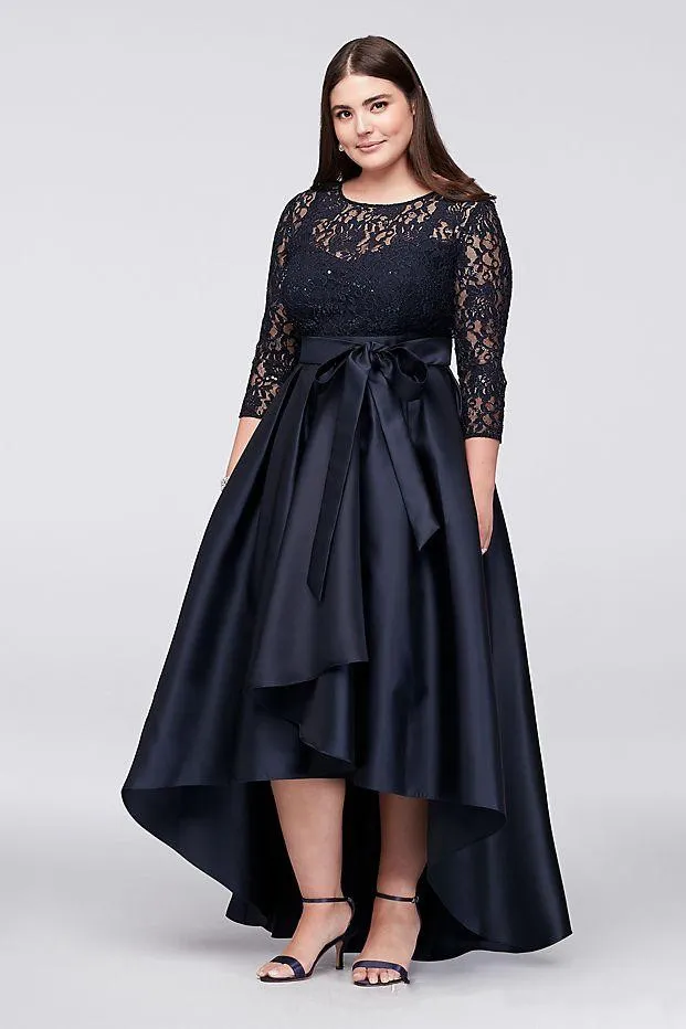 Black Plus Size Formal Prom Dresses 3/4 Long Sleeves Sheer Jewel Neck Lace High Low Evening Gowns Cheap Short Party Dress