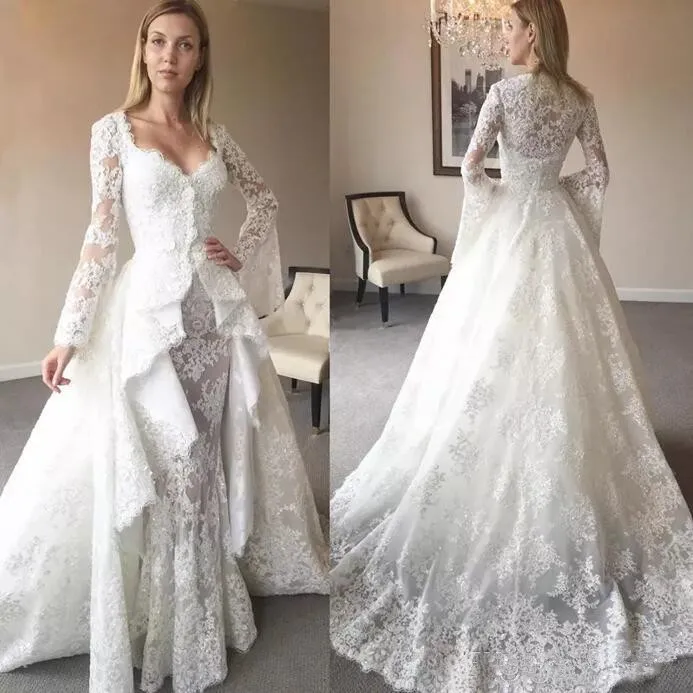 Nuovo stile 2019 Abiti da sposa Sirena con maniche lunghe Cappotti Sweep Pizzo Bridal Gown