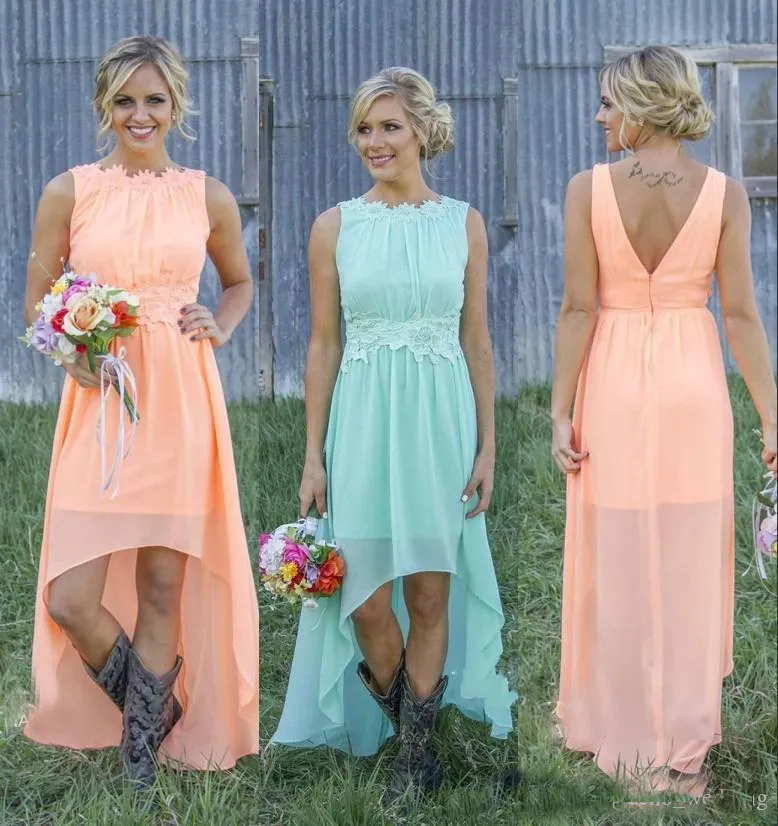 Country Bridesmaid Dress Chiffon A-Line Hi Lo Coral Mint Beach Lace Applique Low Back Maid of the Honor Wedding Guest Dress