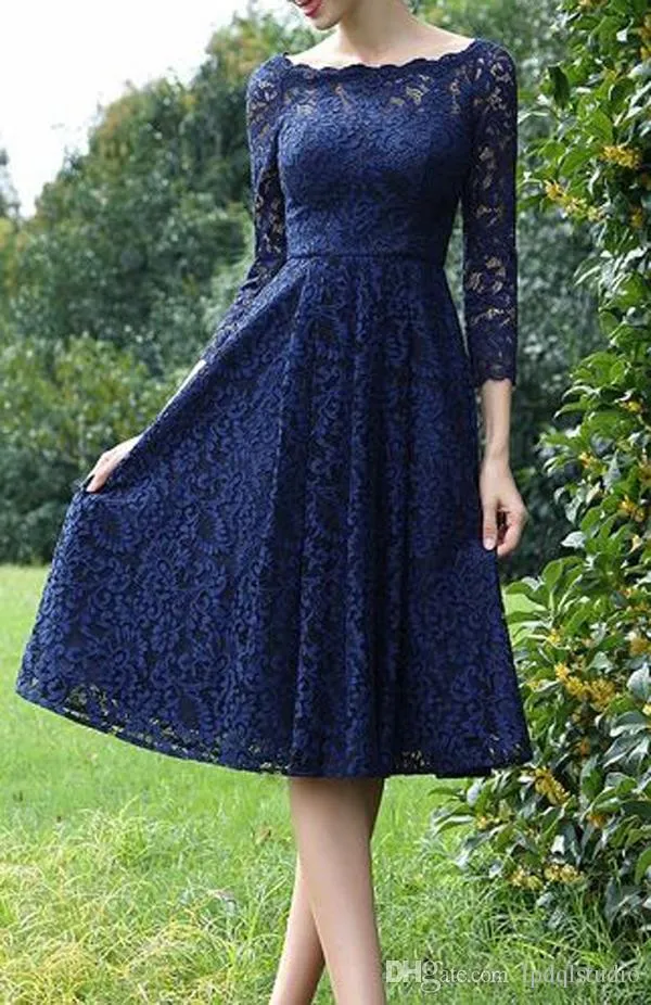 Elegante Royal Blue Lace Bruidsmeisje Jurken Bateau 3/4 Lange Mouwen Knielengte Bruiloft Jurk Goedkoop