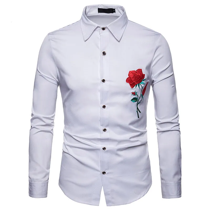 Red Rose Embroidery White Shirt Men 2018  New Slim Long Sleeve Camisa Social Masculina Casual Button Down Dress Shirt Male