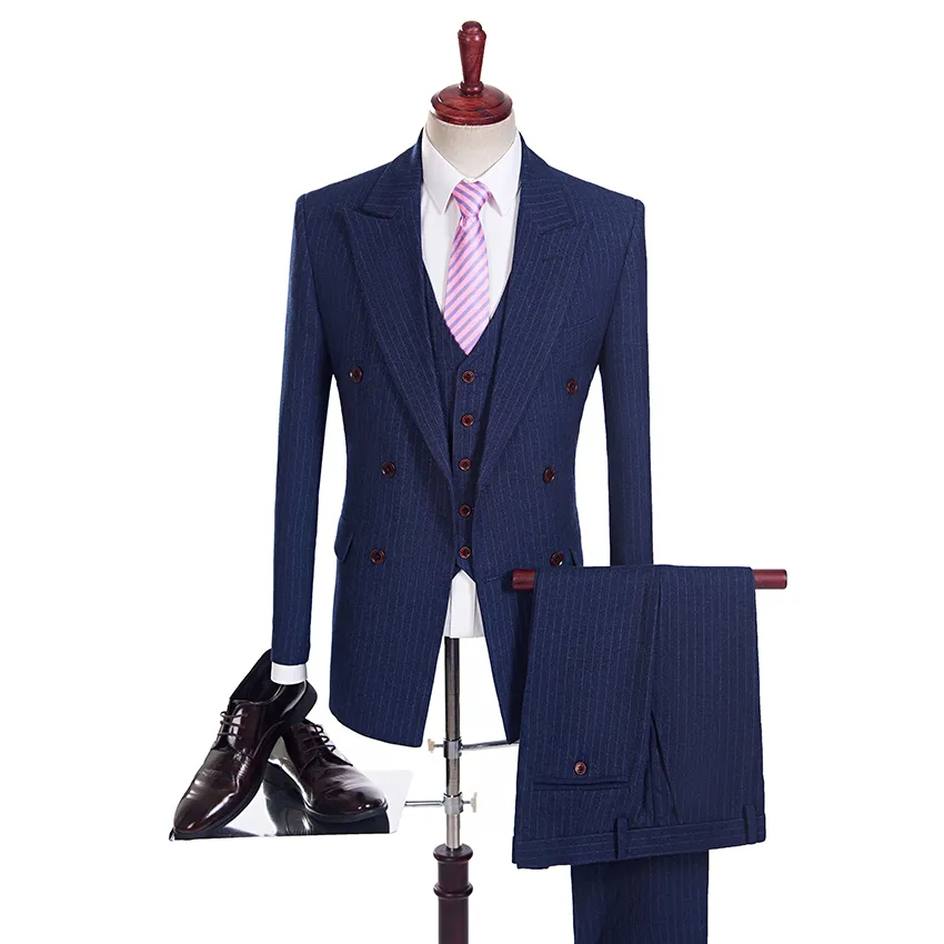 Costume de mariage Tuxedos hommes costumes pour la fête de mariage bleu à fines rayures hommes formels portent des costumes 3 pièces veste à double boutonnage pantalon gilet