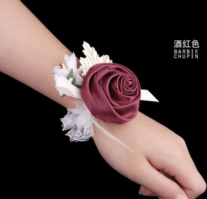 Billiga Bridesmaid Girl Wrist Corsage Rose Flower Organza Pärlor Blomma Hand Blommor Armband Corsage Bröllop Tillbehör Partihandel Brudblommor