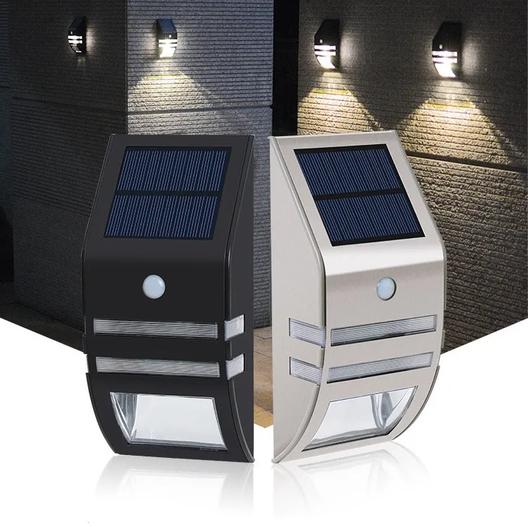 Silver / Black-movido à luz com 2 pcs LEDs SMD Polycrystalline Painel solar PIR Sensor para Pathway Outdoor Stair Step Garden Jardim