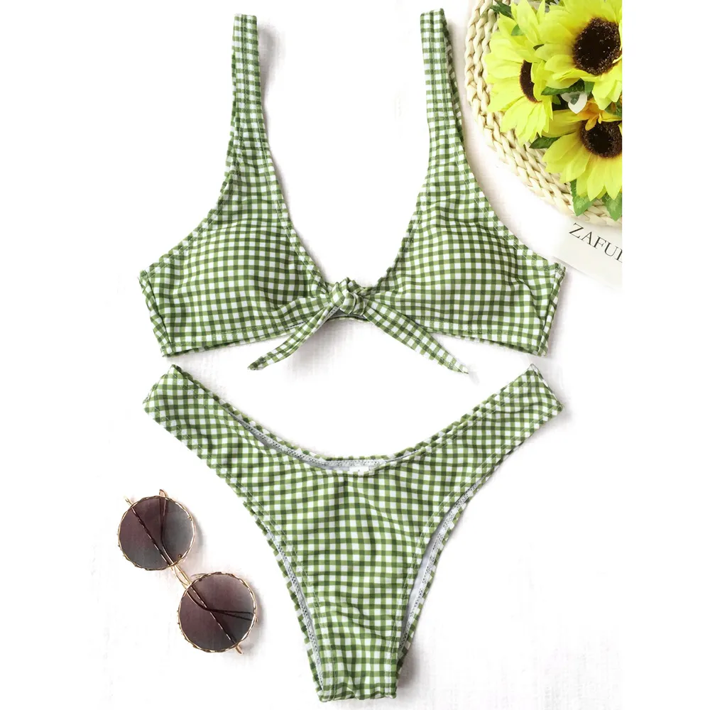 Kobiety Thong Plaid Front Krawat Bikini Zestaw Sprawdzone Zanurzanie Neck Swimsuit Seksowny Summer Beach Stroje Kąpielowe Kostium kąpielowy Biquini