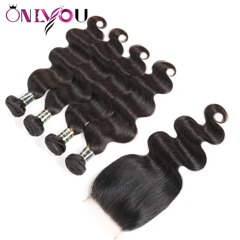 9a Peruvian Virgin Human Hair Body Wave 4 Weaves Bundles with 4x4 Lace Closure Silk Brazilian Body Wave Remy Human Hair Weaves Wholesale