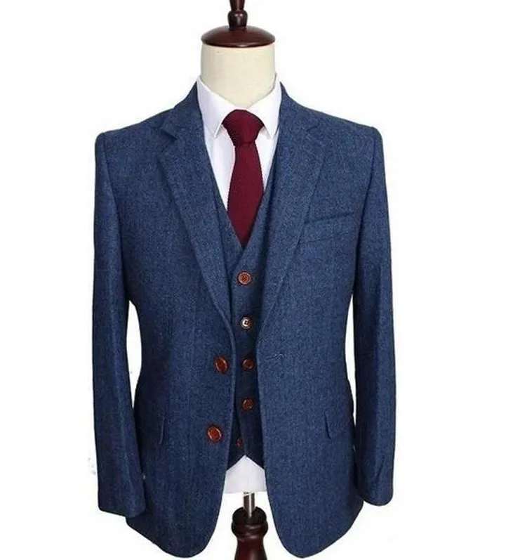 Winter Mode Blauw Tweed Bruidegom Tuxedos Notch Revers Two Button Mannen Bruiloft Tuxedos Mannen Formele Bedrijfspartij (jas + Broek + Tie + Vest) 897