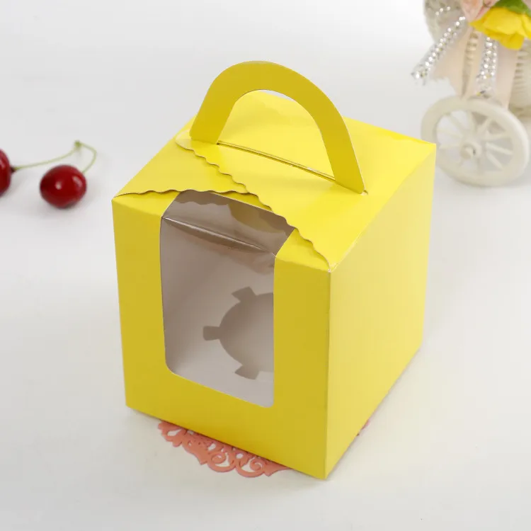 Ren färg singel cupcake box med pvc fönsterhandtag papper muffin boxar grossist gratis frakt wen5767