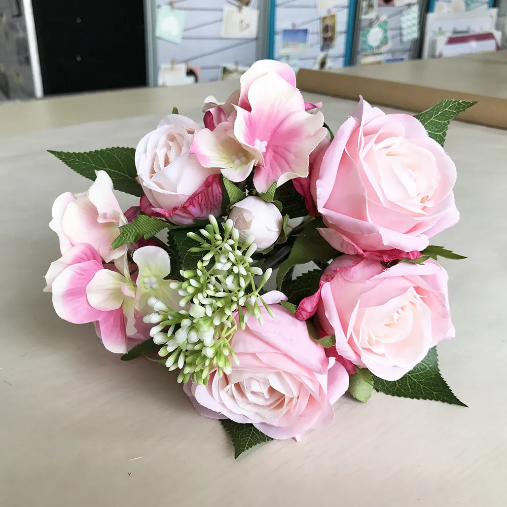 Bouquets de mariage à 5 têtes, fleurs artificielles roses, fausses fleurs décoratives pour fête de mariage
