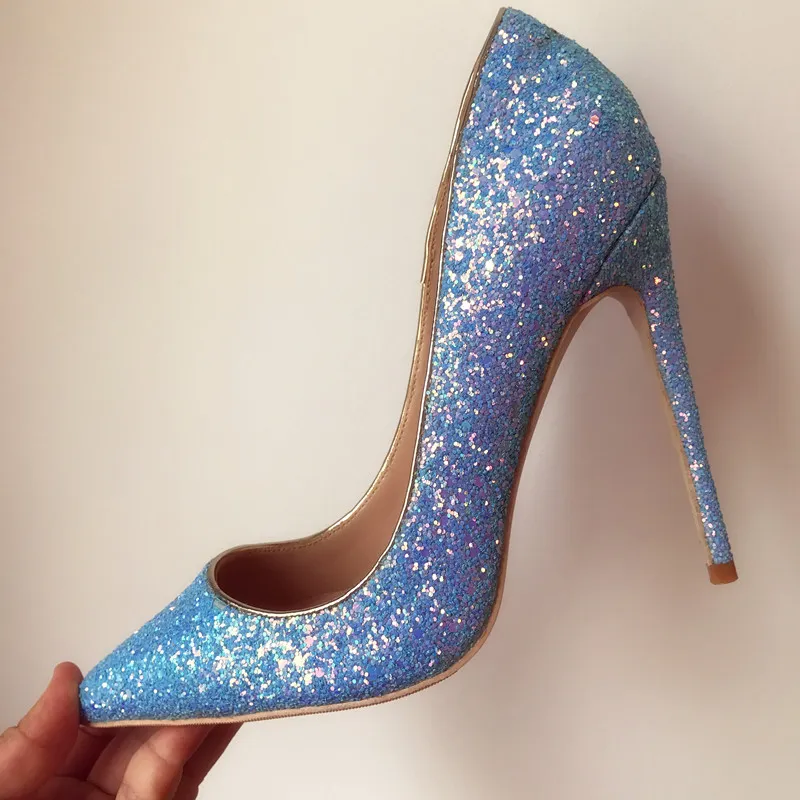 Fashion women Blue Glitter strass point toe shoes high heels thin heeled shoes pumps genuine leather 10cm Big size size 33-43