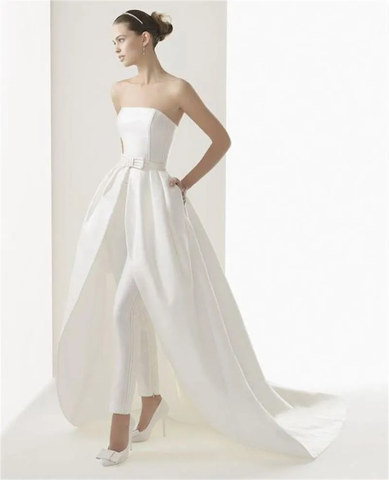 Gorgeous A Line Wedding Dresses Women Jumpsuits Bateau Neck Removable Train Bridal Pants & Suits For Weddings