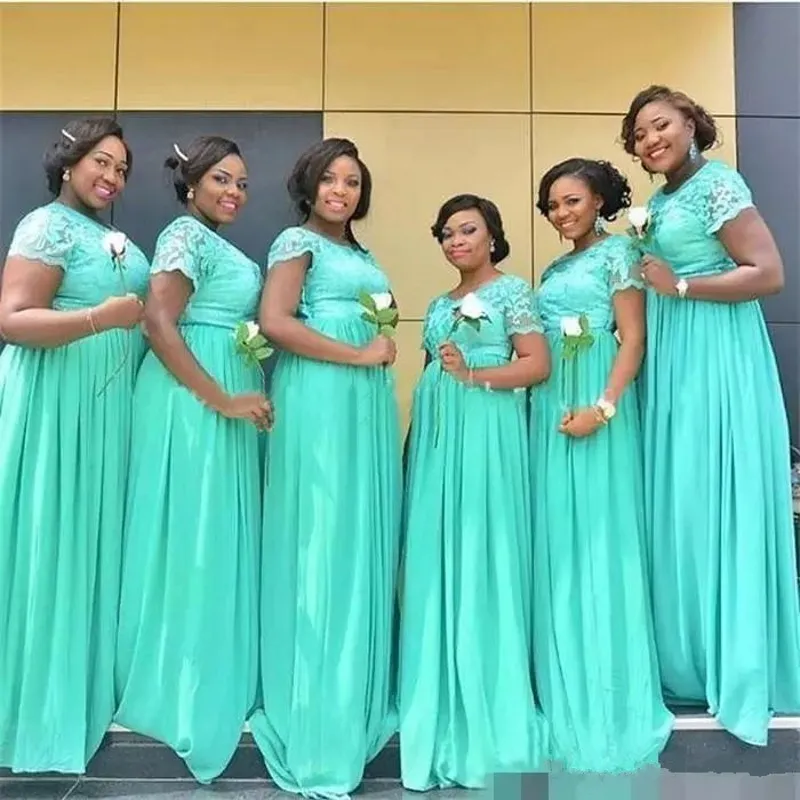 Printemps 2019 robes de demoiselles d'honneur vert menthe col bijou manches courtes une ligne longueur de plancher en dentelle et mousseline de soie robes d'invité de mariage grande taille