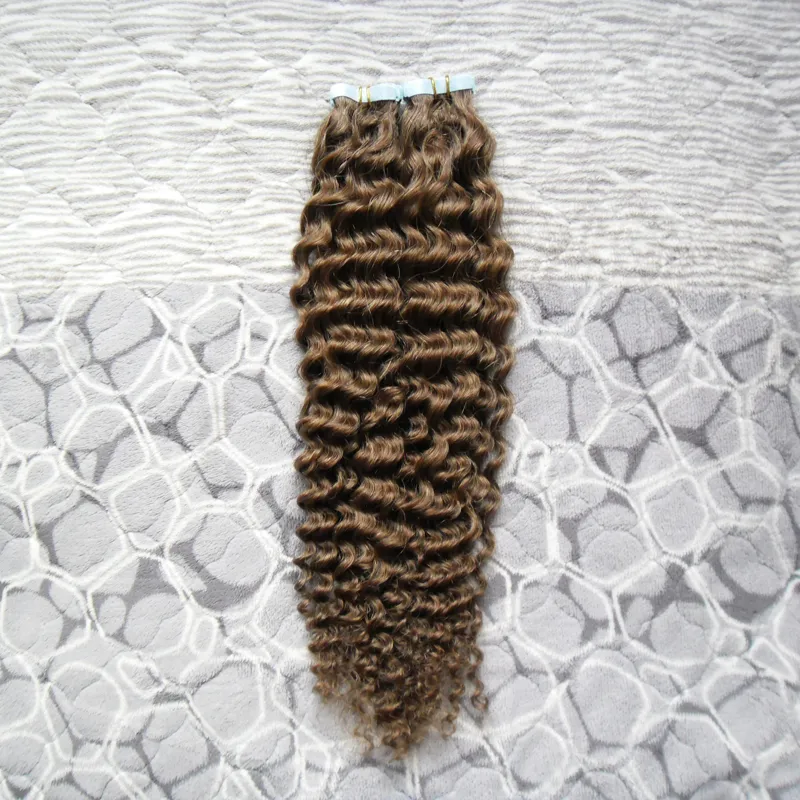 # 6 Brown medio marrone Afro kinky nastro riccio di estensioni dei capelli 100g / set mongoliano Kinky riccio trama pelle capelli umani macchina capelli umani realizzati remy