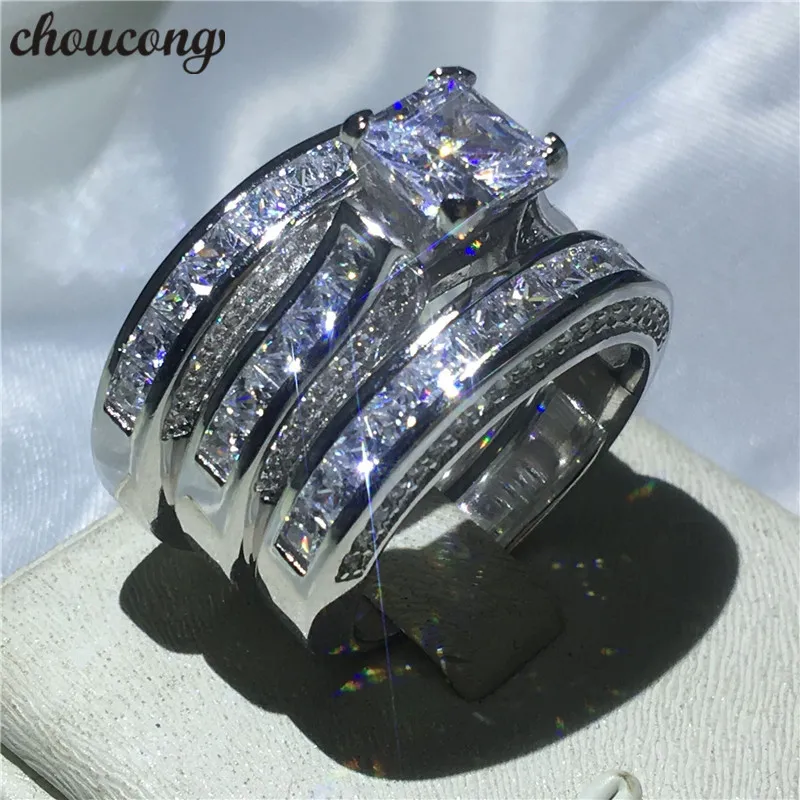 choucong Women Men Jewelry 3-in-1 Wedding ring 14KT White&Yellow Gold Filled Princess cut Diamond Engagement Band Rings