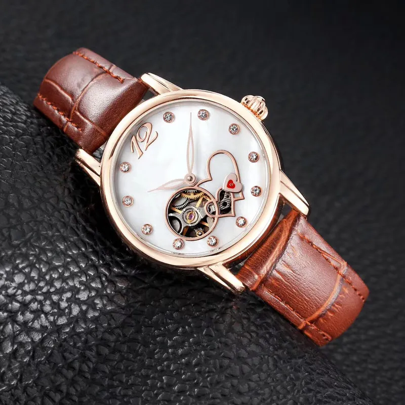 amano la moda volano donne Abito Orologi cuore della manopola del meccanico orologio da polso femminile automatica le signore miglior regalo di San Valentino