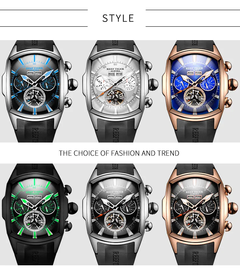 Reef Tiger RT Big Dial Sport Watch for Men Luminous Analog Display Watches Rose Gold Blue Dial Wrist Watches RGA3069