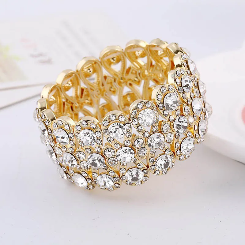 Matrimonio Gioielli di lusso Pietre di cristallo strass Bracciali di colore oro le donne Sposa Stretch corda ampia bracciali braccialetti