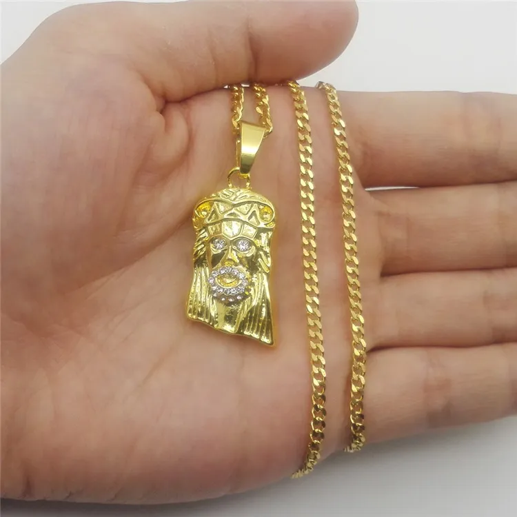 Männer Frauen Iced Out Kristall Jesus Gesicht Halsketten Hiphop Schmuck 3mm 24 Zoll Edelstahl kubanische Kette