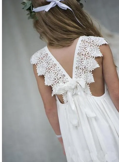 2017 Nuovo arrivo Boho Flower Girl Abiti matrimoni Abito da sposa formale da spiaggia in pizzo con scollo a V economico su misura