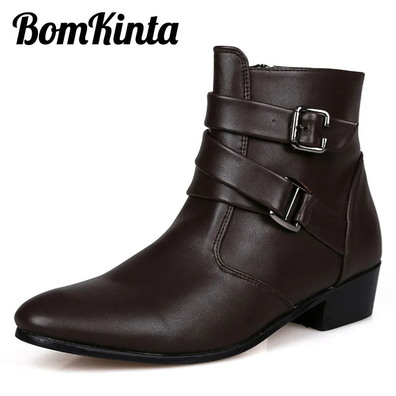 Bomkinta PU Leather Botki Mężczyźni Brytyjski Styl Pasek Mężczyźni Buty Zipper Mężczyzna Martin Buty Wysokie Cut Buckle Men Casual Buty