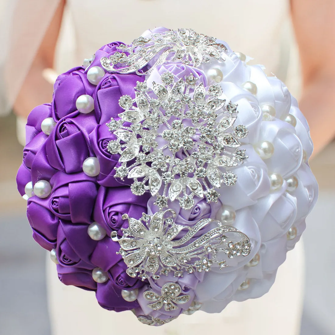 Artificial Wedding Bouquets Handmade Ribbon White Purple Roses Flowers Pearls Crystal Bridal Wedding Bouquet Bridesmaid Wedding Accesories