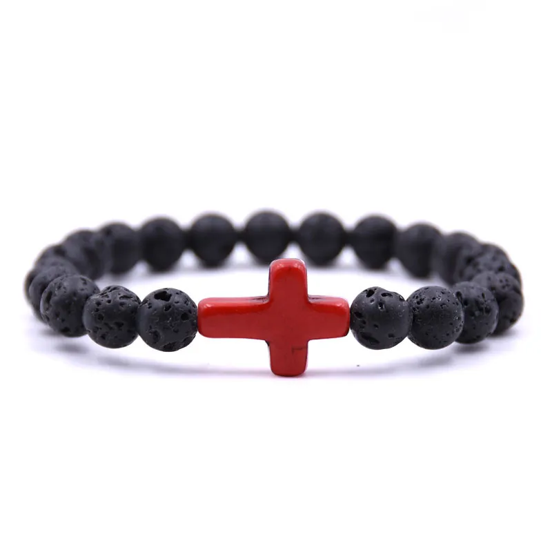 8mm Natural Lava Stone Strands Beads Cross Charm Bracelets For Women Men Bangle Fashion Elastic Jewelry