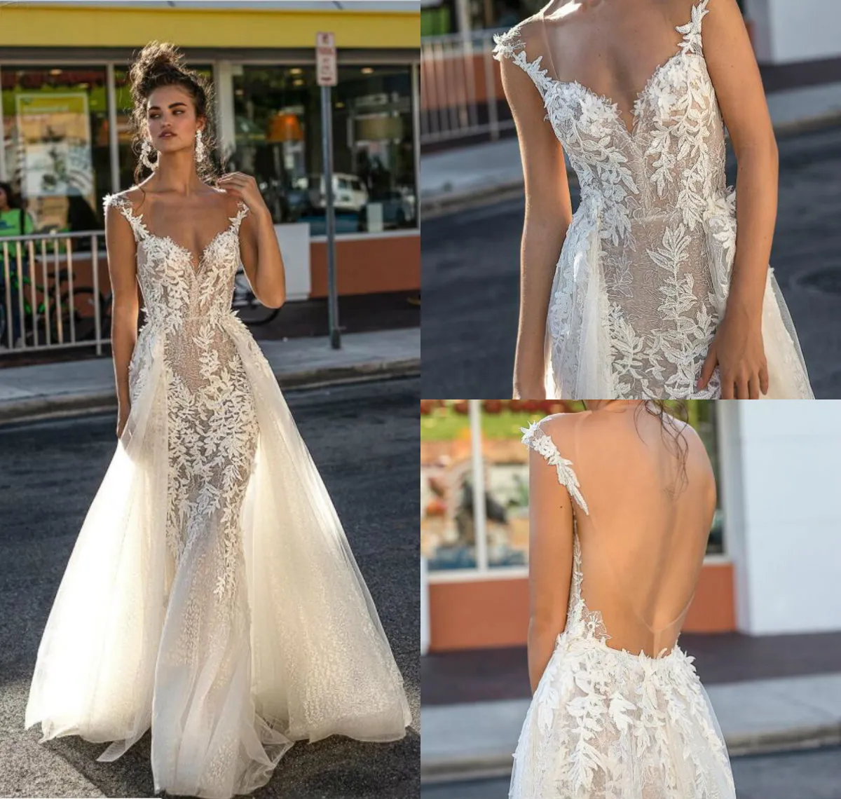 2019 Berta Meerjungfrau-Hochzeitskleider mit abnehmbarer Schleppe, tiefem V-Ausschnitt, Spitze, Illusion, rückenfrei, Land-Brautkleid in Übergröße