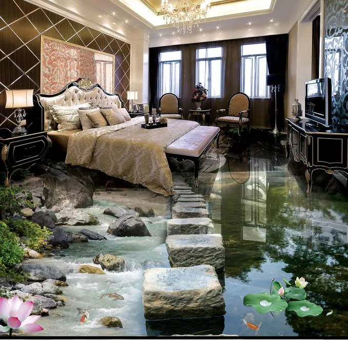 wallpaper for bedroom Stream Stone Pier Lotus flow 3D floor tiles floor painting white wallpaper