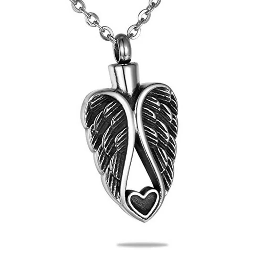 Cremation Jewelry Double Angel Wing Heart Urn Ashes Necklace Memorial Keepsake Pendant with Funnel Filler Kit