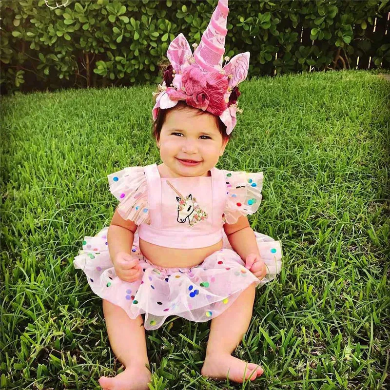 Summer Baby Girl Clothes Cute Infant Girls Outfits Unicorn Rainbow Dot Printing Crop Top Tutu Shorts kjol 2st Småbarn Girls CL3009029